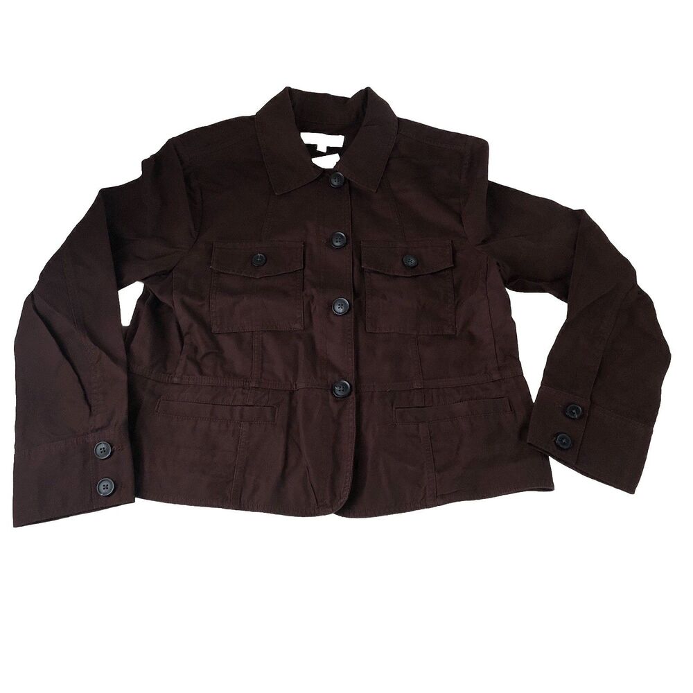 LOFT Twill Tailored Utility Jacket Dark Brown Cotton Button Front Size 14. NWT